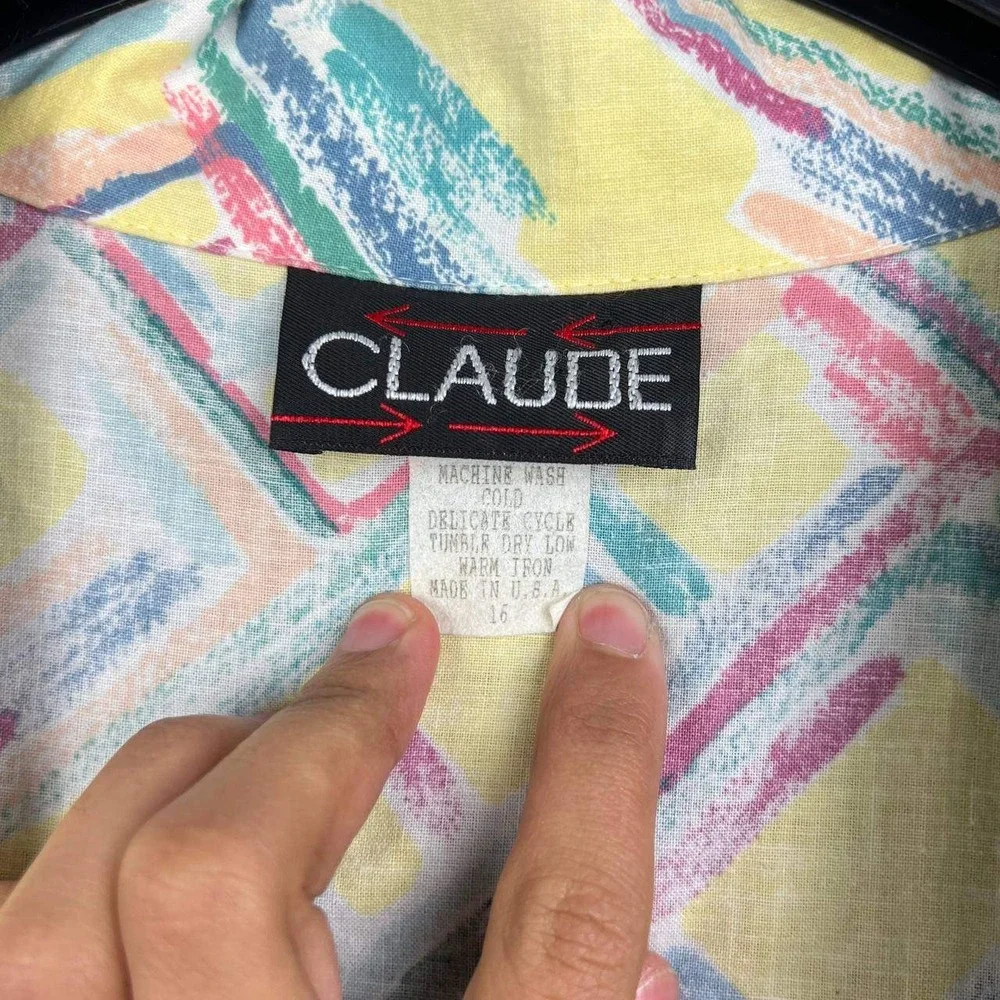 Vintage Claude Blazer Jacket Women 16 Abstract Pastel Geometric Cotton